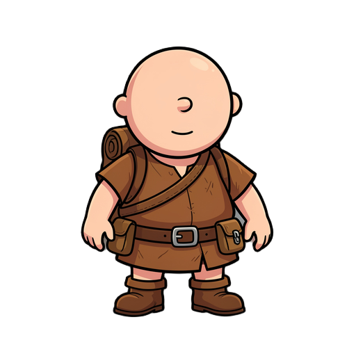 create a 2d cartoon-style adventurer dwarf character for a platformer game.  faceless stick-figure dwarf with short legs, round body, big nose, wearing a leather tunic, small backpack, belt with pouches, and simple boots.  the character should look fun, b