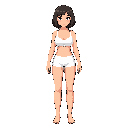 a naked woman in white boxer shorts with bob cut hair and with big boobs