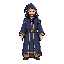a royal wizard with a dark blue hooded robe 