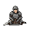 create a sprite of a tired knight.  the knight is wearing full armor and holding a sword,  sitting or lying on the ground, exhausted after a battle.  he should look worn out and defeated, with subtle posture details showing fatigue.  the style should be s