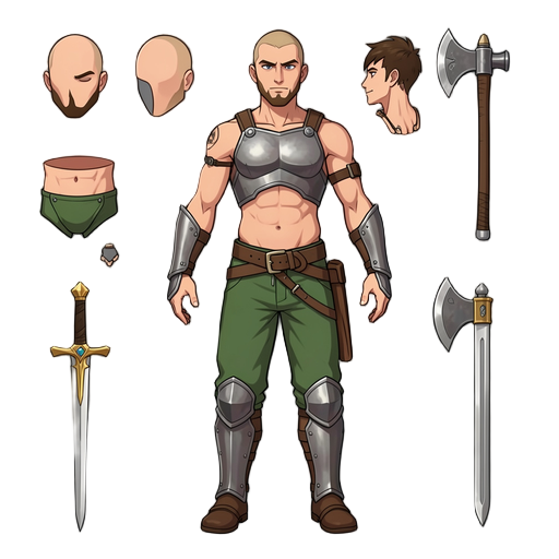 “transparent png, 2d game sprite components,realistic style, separated parts: head, hands, weapons, iron greaves, green pants, minimal armor, golden dagger, six pack, sword, axe”