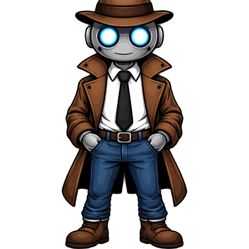 detective robot, metalic skin, blue jeans, white shirt, black tie,  with brown coat and hat