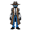 detective robot, metalic skin, blue jeans, white shirt, black tie,  with brown coat and hat