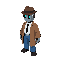 detective robot, metalic skin, blue jeans, white shirt, black tie,  with brown coat and hat