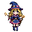 a cute dark mage girl, blonde twin curls, large blue wizard hat with pink trim, blue and pink outfit, holding a short magic staff, chibi proportions, side-view, hard pixel edges,