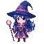 dark magician girl, small chibi proportions, large expressive eyes,  blue and pink mage outfit with spiral hat, holding a short magical staff,