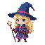  a cute dark mage girl, blonde twin curls, large blue wizard hat with pink trim, blue and pink outfit, holding a short magic staff, chibi proportions, side-view, 