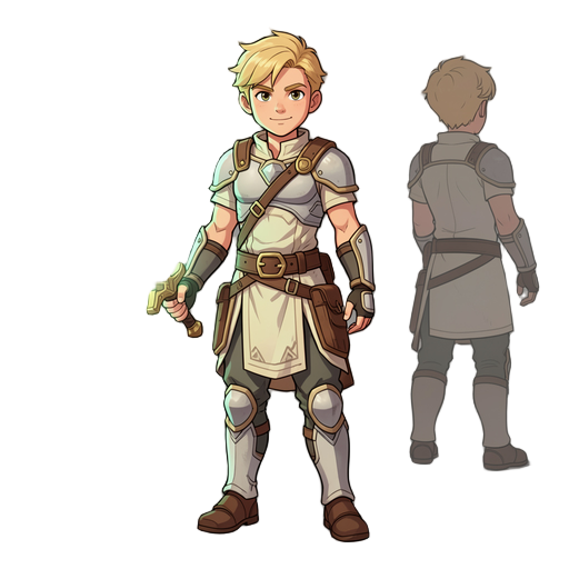 space fantasy protagonist, young desert warrior, glowing energy blade, light armor tunic, blonde hair, confident expression, character turnaround sheet, game character design, neutral background, full body, detailed outfit