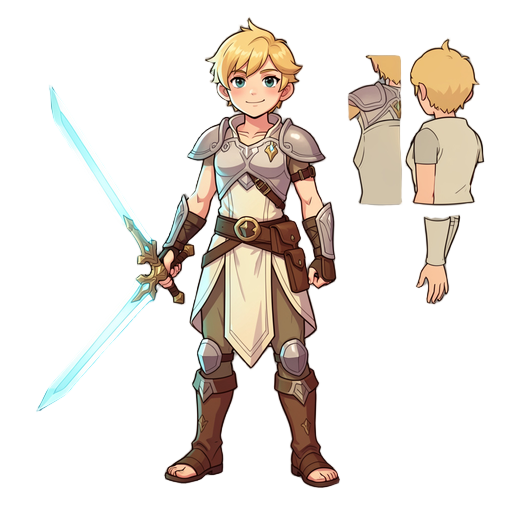 space fantasy protagonist, young desert warrior, glowing energy blade, light armor tunic, blonde hair, confident expression, character turnaround sheet, game character design, neutral background, full body, detailed outfit