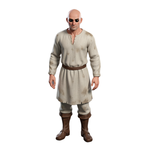 full body 2.5d digital human character, masculine base, completely bald, clean-shaven (no beard), solid black eyes, renaissance era (circa 1400s europe), wearing old, worn, off-white simple linen garments. ultra-realistic skin textures, cinematic studio l
