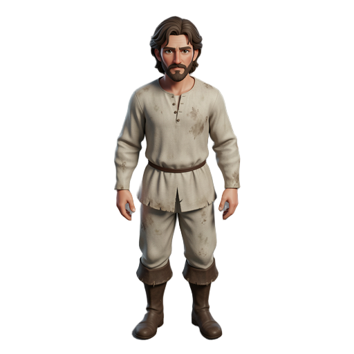 full body 2.5d digital human character, masculine base, renaissance era clothing and style (circa 1400s europe), wearing old, worn, off-white simple garments, ultra-realistic skin textures, cinematic studio lighting, hyper-detailed facial features, realis