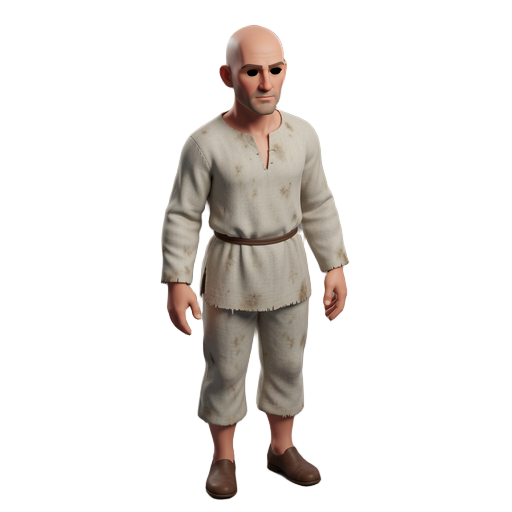 full body 2.5d digital human character, masculine base, completely bald, clean-shaven (no beard), solid black eyes, renaissance era (circa 1400s europe), wearing old, worn, off-white simple linen garments. ultra-realistic skin textures, cinematic studio l