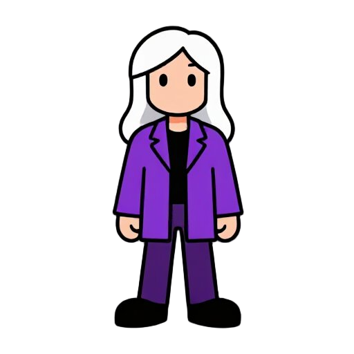 personagem masculino de cabelo longo e branco com detalhes em roxo utilizando um casaco roxo 
