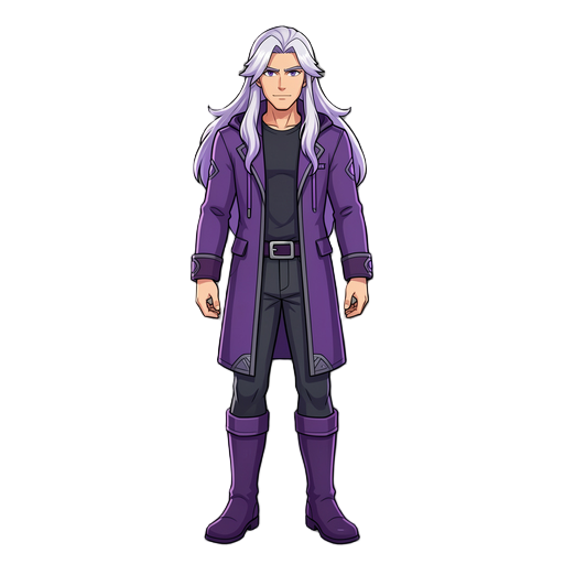 personagem masculino de cabelo longo e branco com detalhes em roxo utilizando um casaco roxo 