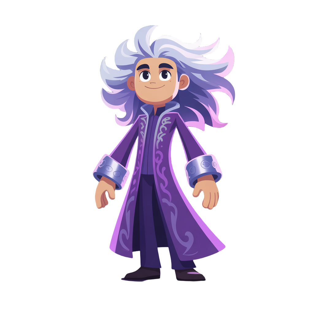 personagem masculino de cabelo longo e branco com detalhes em roxo utilizando um casaco roxo 