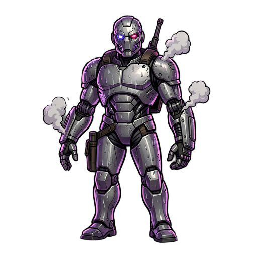high-tech android male mercenary, standing in a rainy neo-tokyo alleyway, reflections of purple and pink neon signs on his wet metallic armor, hydraulic steam escaping from his arm joints, highly detailed cybernetic eyes, decopunk noir aesthetic