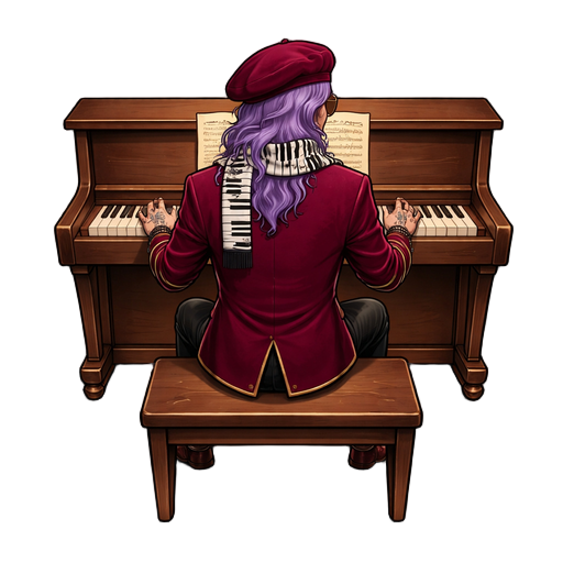 pianist sitting at a piano bench viewed from behind