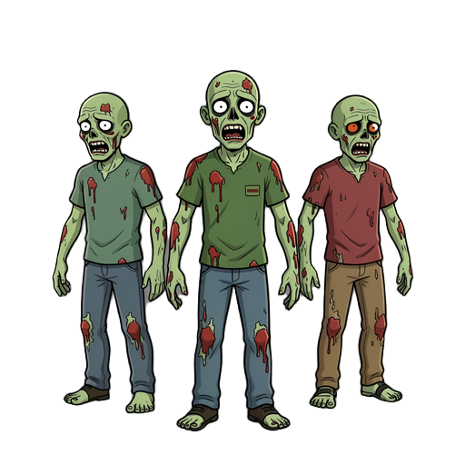 3 zombie , ortagraphic view , corner behind view
