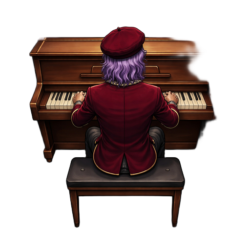 pianist sitting at a piano bench viewed from behind