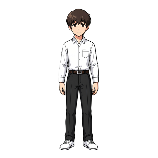 a male character inspired in shinji ikari, wearing white shirt, black pant and white shoes