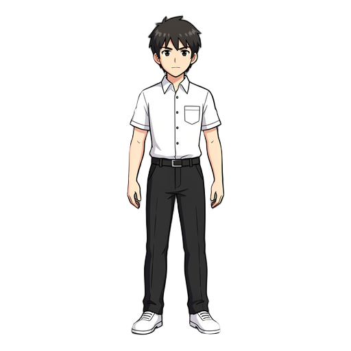 a male character inspired in shinji ikari, wearing short sleeve white shirt, black pant and white shoes