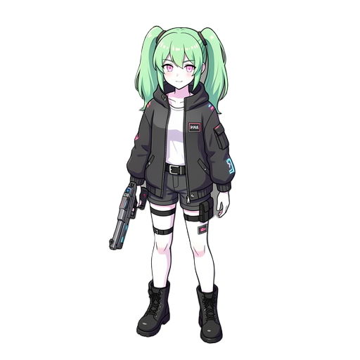 cyberpunk, fit petite girl, black boots, white palid skin, twintail hair, light green hair, light pink eyes, big half closed jacket, holding a futuristic pistol