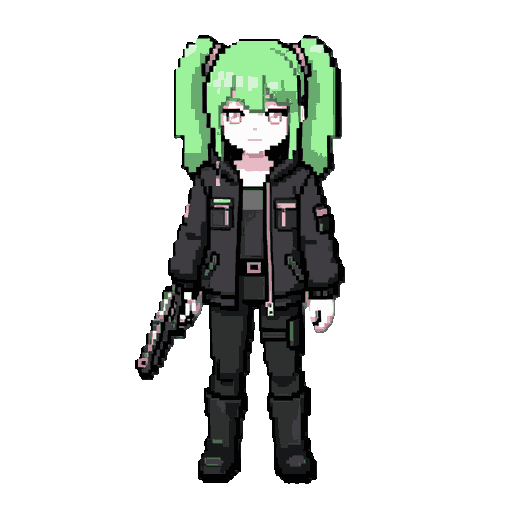cyberpunk, fit petite girl, black boots, white palid skin, twintail hair, light green hair, light pink eyes, big half closed jacket, holding a futuristic pistol