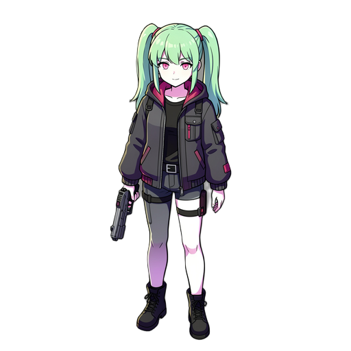cyberpunk, fit petite girl, black boots, white palid skin, twintail hair, light green hair, light pink eyes, big half closed jacket, holding a futuristic pistol