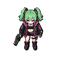 cyberpunk, fit petite girl, black boots, white palid skin, twintail hair, light green hair, light pink eyes, big half closed jacket, holding a futuristic pistol