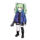 cyberpunk, fit petite girl, black boots, white palid skin, twintail hair, light green hair, light pink eyes, big half closed jacket, holding a futuristic pistol