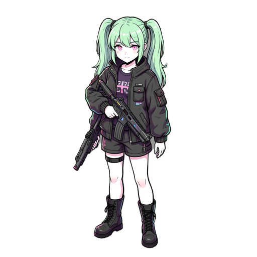 cyberpunk, fit petite girl, black boots, white palid skin, twintail hair, light green hair, light pink eyes, big half closed jacket, holding a futuristic pistol