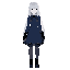 girl, teenager, long hair, gray hair, straight bangs, dark blue gothic style dress, long sleeves, short hem, black gloves, black tights, dark blue soft boots, dull green eyes.