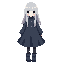 girl, teenager, long hair, gray hair, straight bangs, dark blue gothic style dress, long sleeves, short hem, black gloves, black tights, dark blue soft boots, dull green eyes.