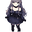 girl, teenager, long hair, gray hair, straight bangs, dark blue gothic style dress, long sleeves, short hem, black gloves, black tights, dark blue soft boots, dull green eyes.