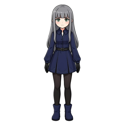 girl, teenager, long hair, gray hair, straight bangs, dark blue gothic style dress, long sleeves, short hem, black gloves, black tights, dark blue soft boots, dull green eyes.