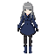 girl, teenager, long hair, gray hair, straight bangs, dark blue gothic style dress, long sleeves, short hem, black gloves, black tights, dark blue soft boots, dull green eyes.