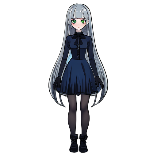 girl, teenager, long hair, gray hair, straight bangs, dark blue gothic style dress, long sleeves, short hem, black gloves, black tights, dark blue soft boots, dull green eyes.