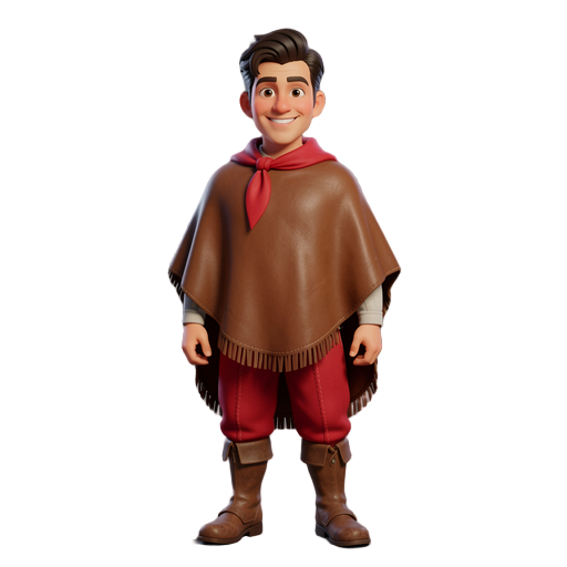 a stylized 2d protagonist character of a young brazilian gaucho, heroic proportions, pixar and coral island art style. wearing a traditional brown leather poncho, a red chiripá (traditional trousers), and rustic leather boots. he has a charismatic smile, 
