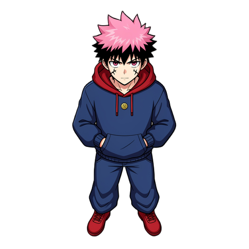 o yuji itadori tem cabelo rosa espetado com base preta, pele clara e duas cicatrizes pretas sob os olhos. ele usa um moletom azul-marinho com um capuz vermelho aparente, um botão dourado no peito, calças largas azul-marinho e tênis de cano alto vermelhos