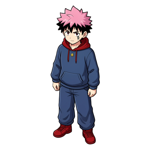 o yuji itadori tem cabelo rosa espetado com base preta, pele clara e duas cicatrizes pretas sob os olhos. ele usa um moletom azul-marinho com um capuz vermelho aparente, um botão dourado no peito, calças largas azul-marinho e tênis de cano alto vermelhos
