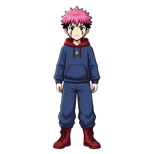 o yuji itadori tem cabelo rosa espetado com base preta, pele clara e duas cicatrizes pretas sob os olhos. ele usa um moletom azul-marinho com um capuz vermelho aparente, um botão dourado no peito, calças largas azul-marinho e tênis de cano alto vermelhos