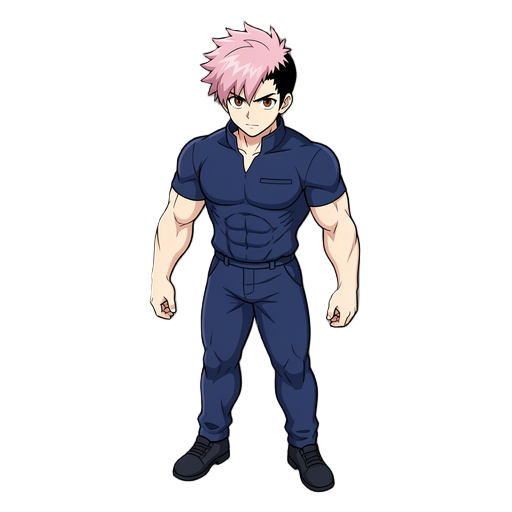 o yuji itadori tem um visual bem único: ele possui pele clara, um físico extremamente atlético e musculoso, e seu cabelo é rosa claro na parte de cima com as laterais e a nuca pretas, mantendo um estilo curto e espetado. seus olhos são castanhos e, quanto