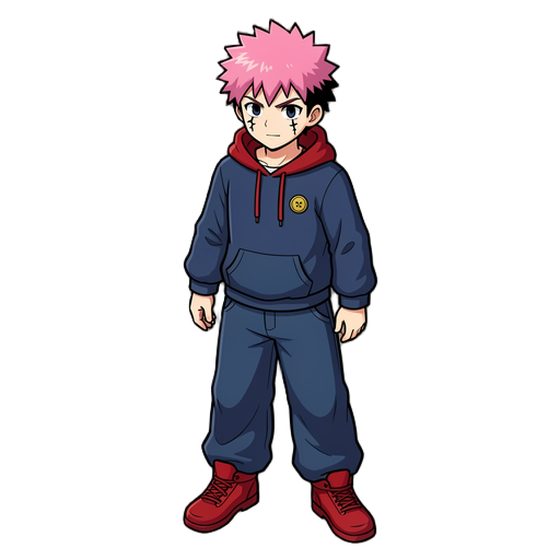 o yuji itadori tem cabelo rosa espetado com base preta, pele clara e duas cicatrizes pretas sob os olhos. ele usa um moletom azul-marinho com um capuz vermelho aparente, um botão dourado no peito, calças largas azul-marinho e tênis de cano alto vermelhos