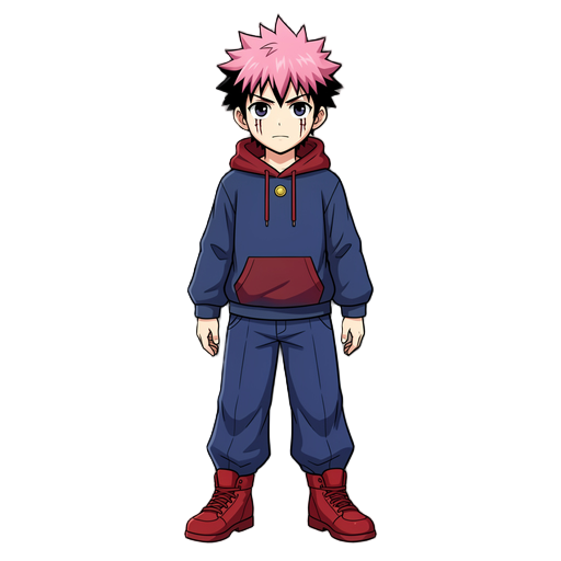 o yuji itadori tem cabelo rosa espetado com base preta, pele clara e duas cicatrizes pretas sob os olhos. ele usa um moletom azul-marinho com um capuz vermelho aparente, um botão dourado no peito, calças largas azul-marinho e tênis de cano alto vermelhos