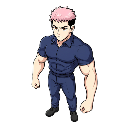 o yuji itadori tem um visual bem único: ele possui pele clara, um físico extremamente atlético e musculoso, e seu cabelo é rosa claro na parte de cima com as laterais e a nuca pretas, mantendo um estilo curto e espetado. seus olhos são castanhos e, quanto