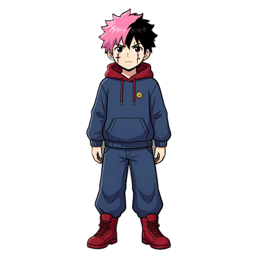 o yuji itadori tem cabelo rosa espetado com base preta, pele clara e duas cicatrizes pretas sob os olhos. ele usa um moletom azul-marinho com um capuz vermelho aparente, um botão dourado no peito, calças largas azul-marinho e tênis de cano alto vermelhos