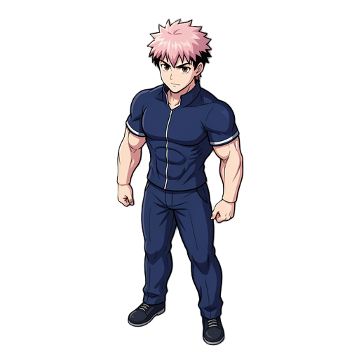 o yuji itadori tem um visual bem único: ele possui pele clara, um físico extremamente atlético e musculoso, e seu cabelo é rosa claro na parte de cima com as laterais e a nuca pretas, mantendo um estilo curto e espetado. seus olhos são castanhos e, quanto