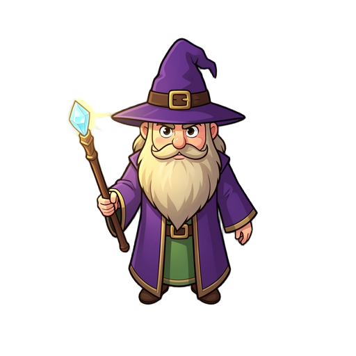 wizard, with long beard and hat, and a wand with a glowing stone at the end of the wand