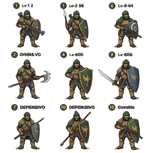 preciso de soldados com esse, só que melhores seguindo a logica de lv1,2,4,6,7,10 sendo defensivo e o restante sendo ofensivo