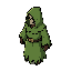 tibia style. [male/female] character wearing hooded tattered green robes similar to a lich. isometric 45-degree perspective. compact proportions (2:1 body-to-head). dark skin/skull-like face visible under hood. golden belt buckle detail. bold dark outline